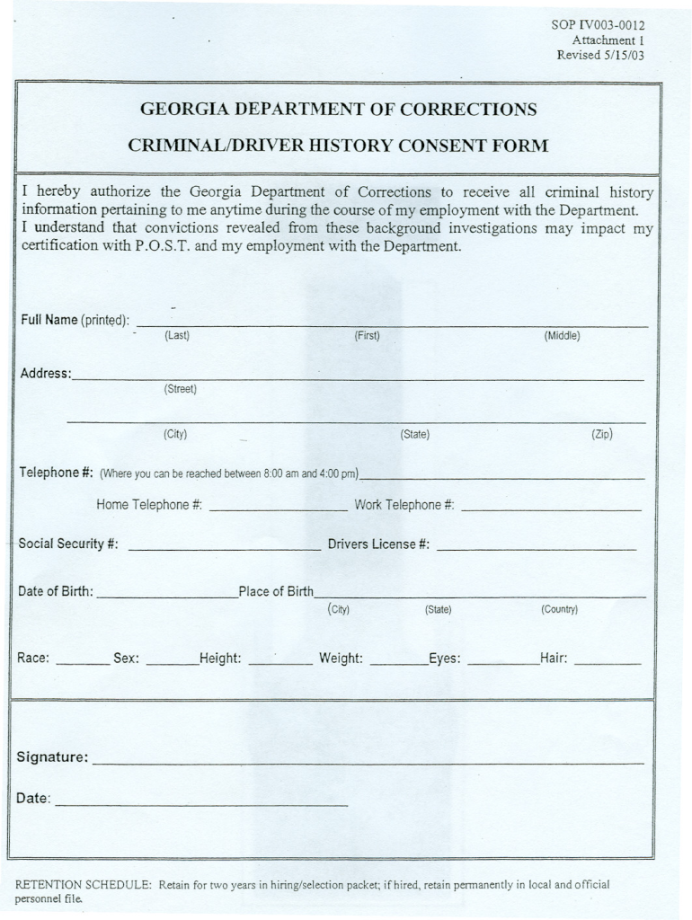  Georgia Department of Corrections Criminaldriver History Consent Form 2003-2024