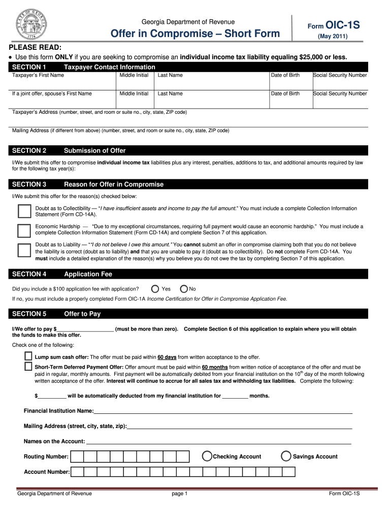 Offer in Compromise Short Form Form OIC 1S  Etax Dor Ga