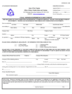 Wv Coal Miner Experience Document  Form