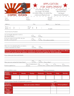 Comic Oasis Employment Application  Form