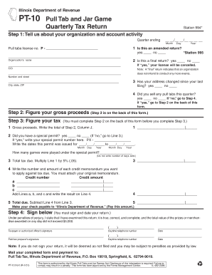 PT 10 Pull Tab and Jar Game Quarterly Tax Return  Form