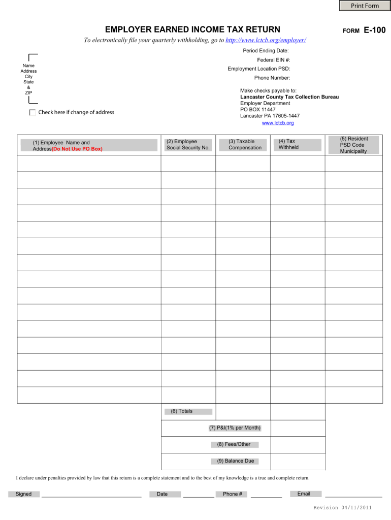 Get and Sign Lancaster Local Income Tax Return Form 2011-2022