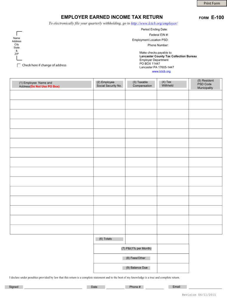  Lancaster Local Income Tax Return Form 2011-2024