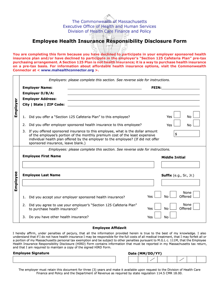 Employee Health Insurance Responsibility Disclosure Form