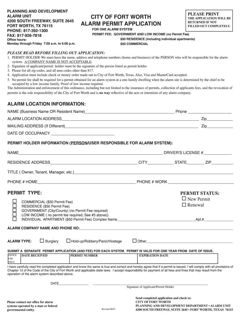  Does the City of Fort Worth Require Permits for Alarm System Form 2009