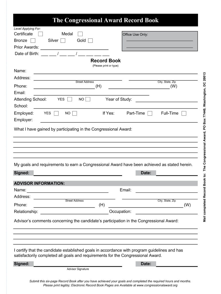 Congressional Award Record Book  Form