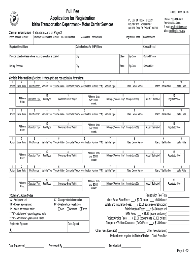 Idaho Full Fee Registration Application  ITD 3033 Idaho Full Fee Registration Application  ITD 3033  Itd Idaho  Form