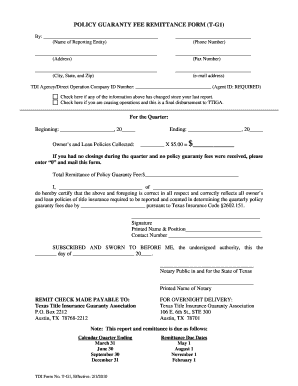 Policy Guaranty Fee Remittance from T G1  Form