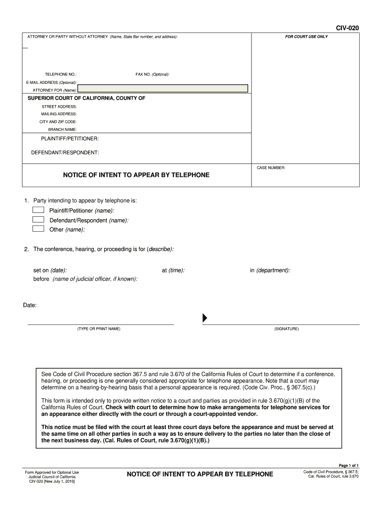  Civ 020  Form 2010