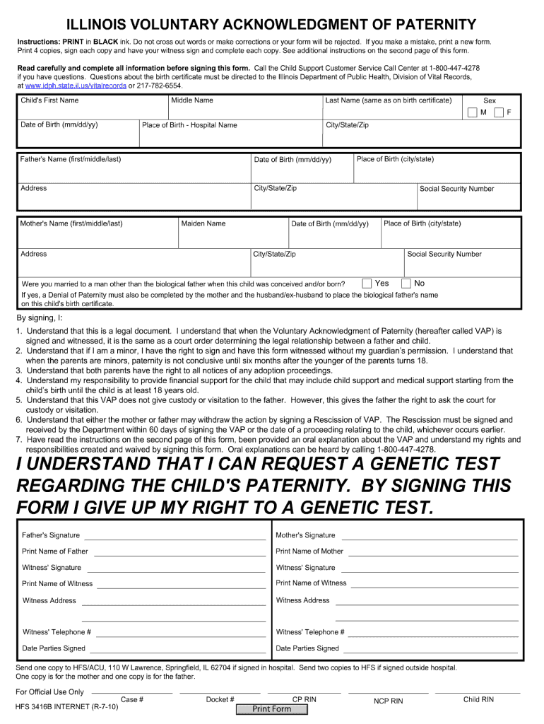 Illinois Voluntary Paternity Acknowledgment Form 3416b