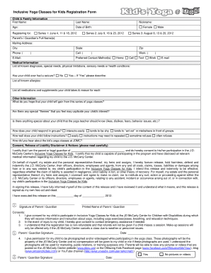  Children&#039;s Yoga Class Waiver Form 2012