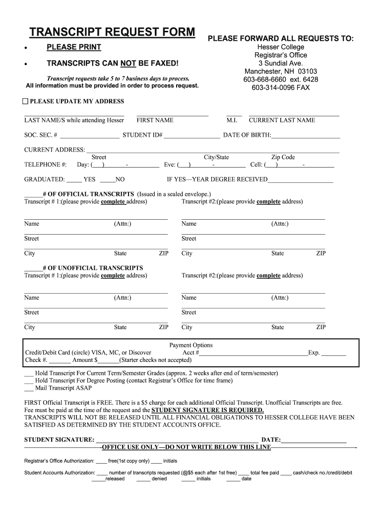 Hesser College Transcripts  Form