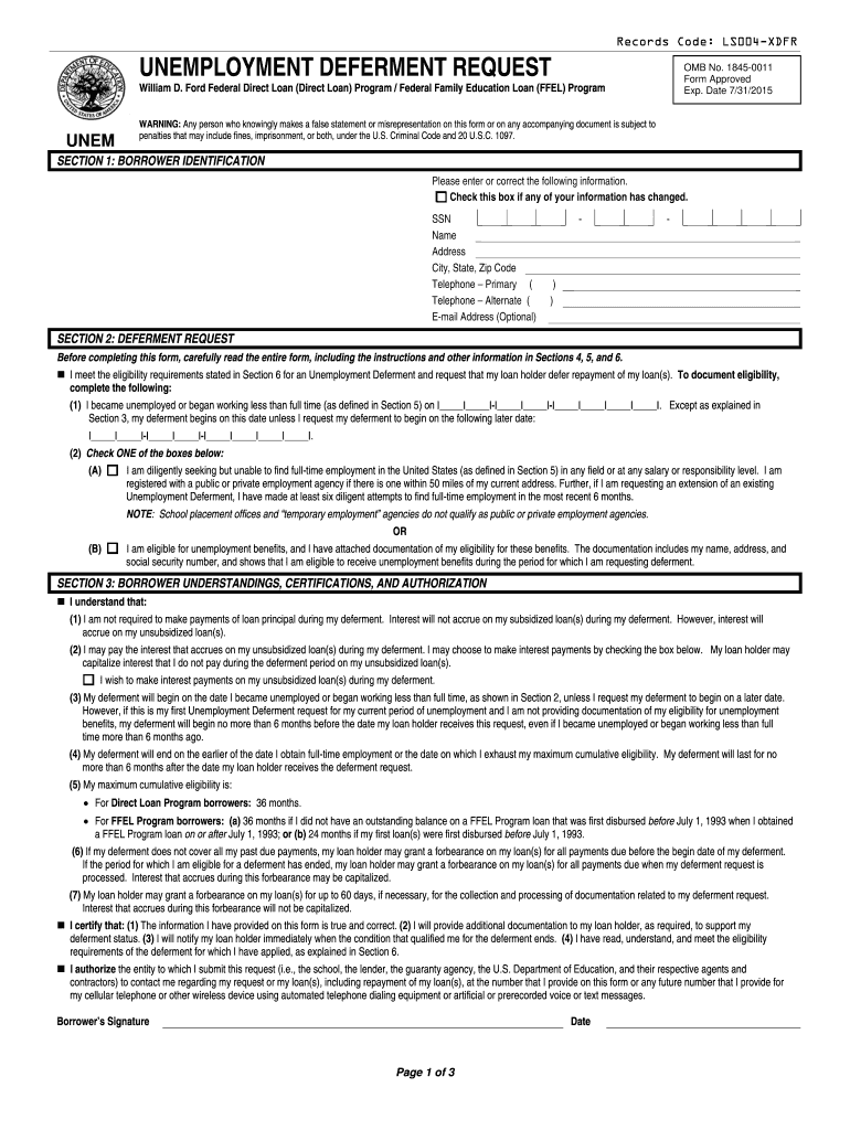 Fed Loan Unemployment Deferment Form