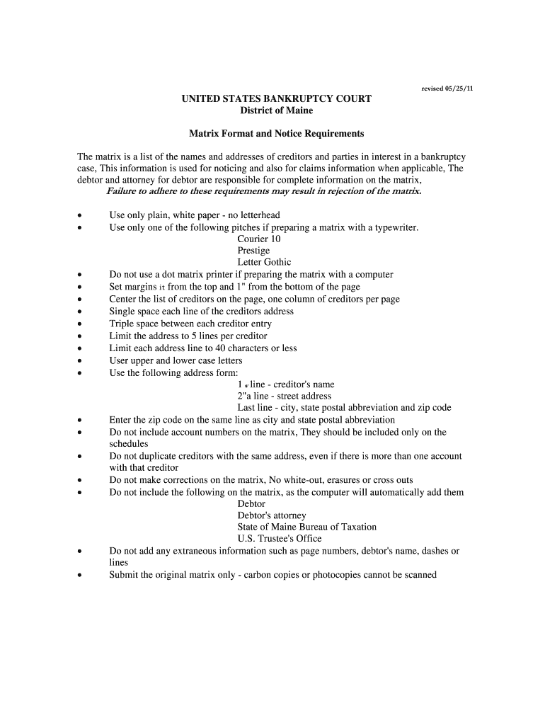 Creditor Matrix Template  Form