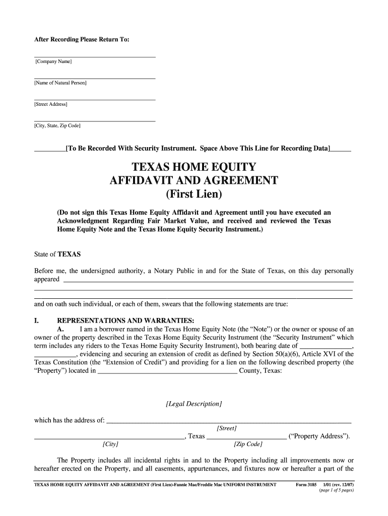 Texas Home Equity Affidavit and Agreement  Form
