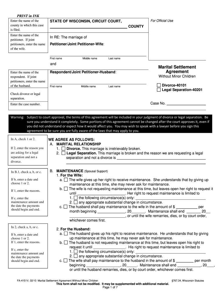  Marital Settlement Agreement 2010