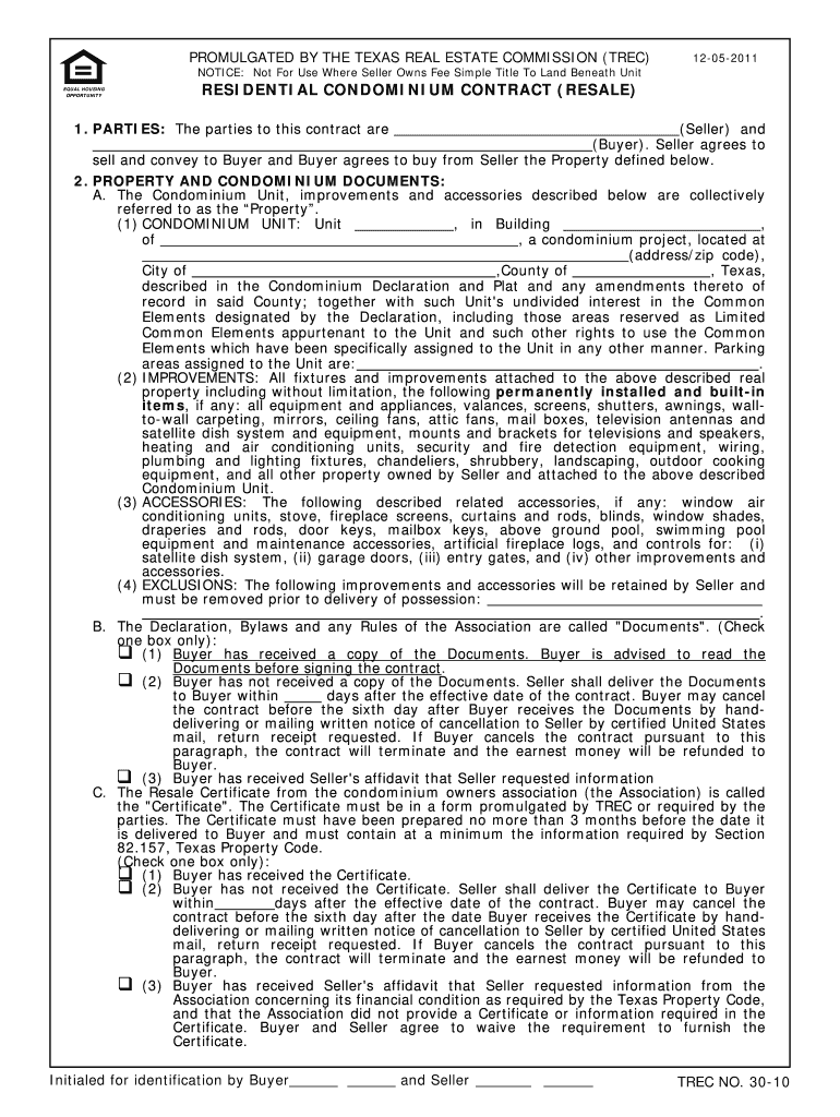  Trec Condominium Contract 2011-2024