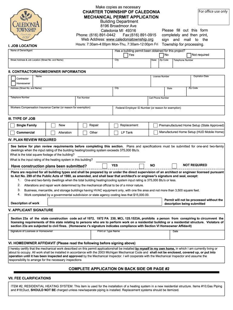 CHARTER TOWNSHIP of CALEDONIA MECHANICAL PERMIT    Caledoniatownship  Form