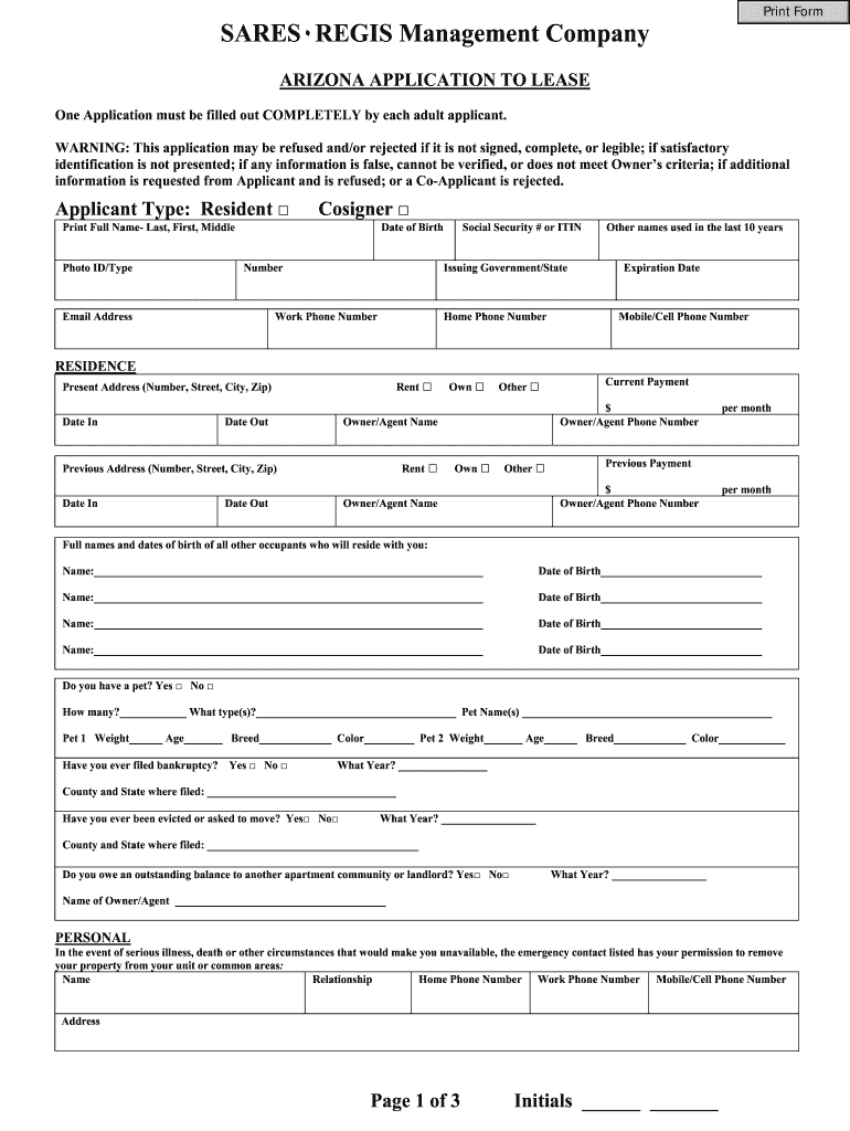 Arizona Residential Lease Agreement Fillable PDF  Form