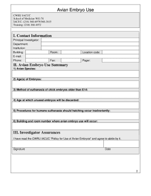 Policy for Use of Avian Embryos School of Medicine  Form