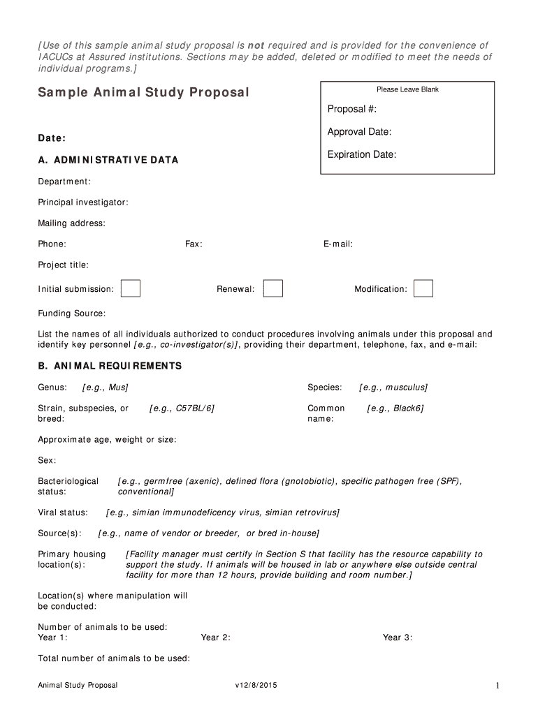 Use of This Sample Animal Study Proposal is Not Required and is Provided for the Convenience of  Form