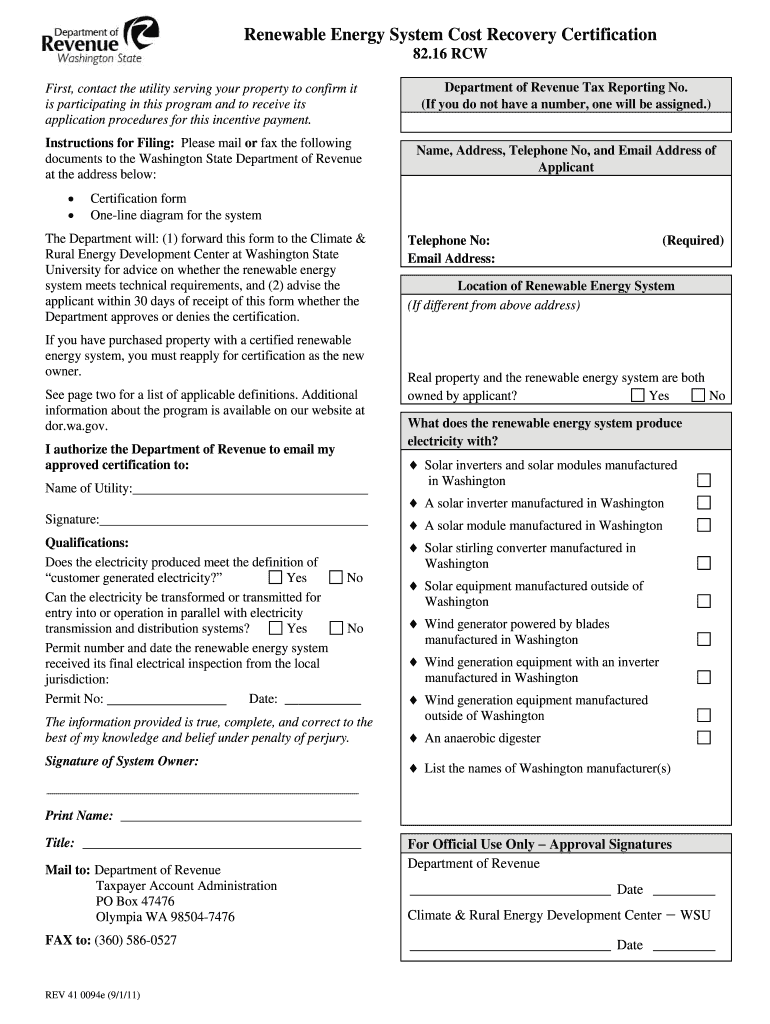 Renewable Energy System Cost Recovery Certification Form