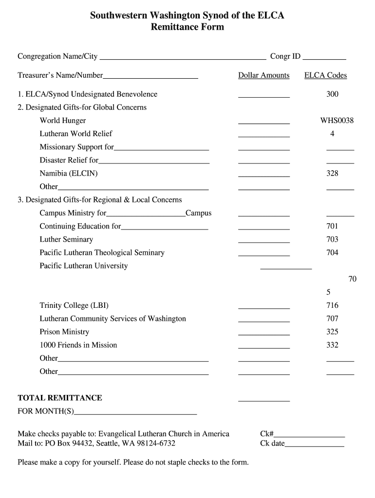 Southwestern Washington Synod of the ELCA Remittance Form  Lutheranssw