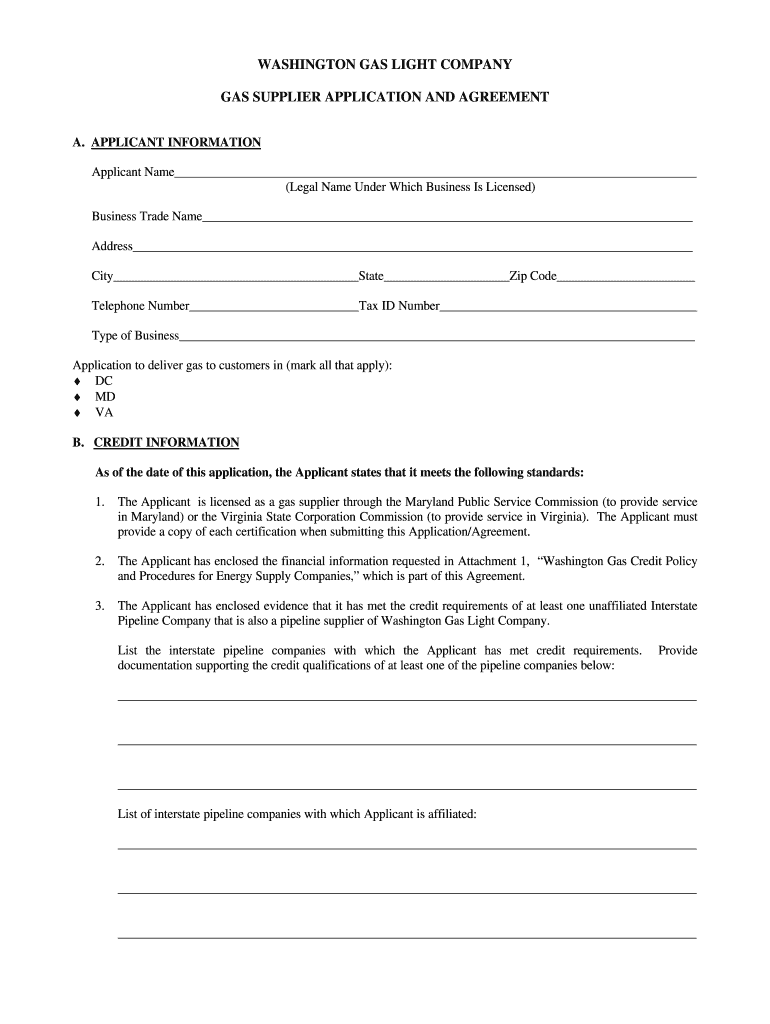 Gas Supplier Application and Agreement Washington Gas  Form