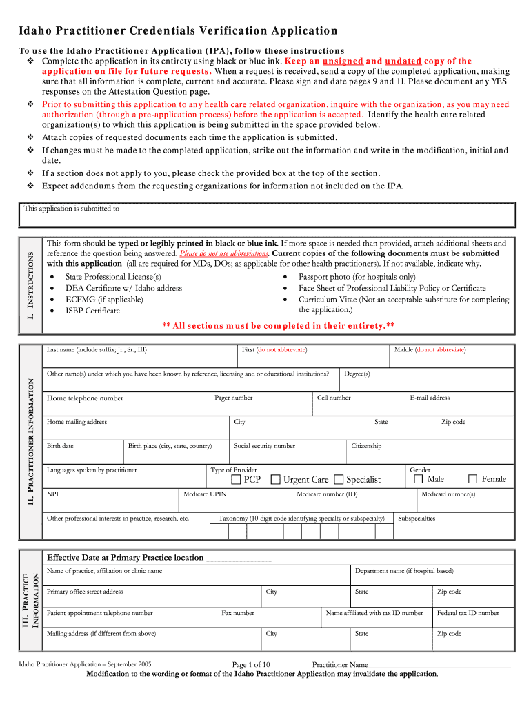 Idaho Practioner Credential Verification Application Form 2005