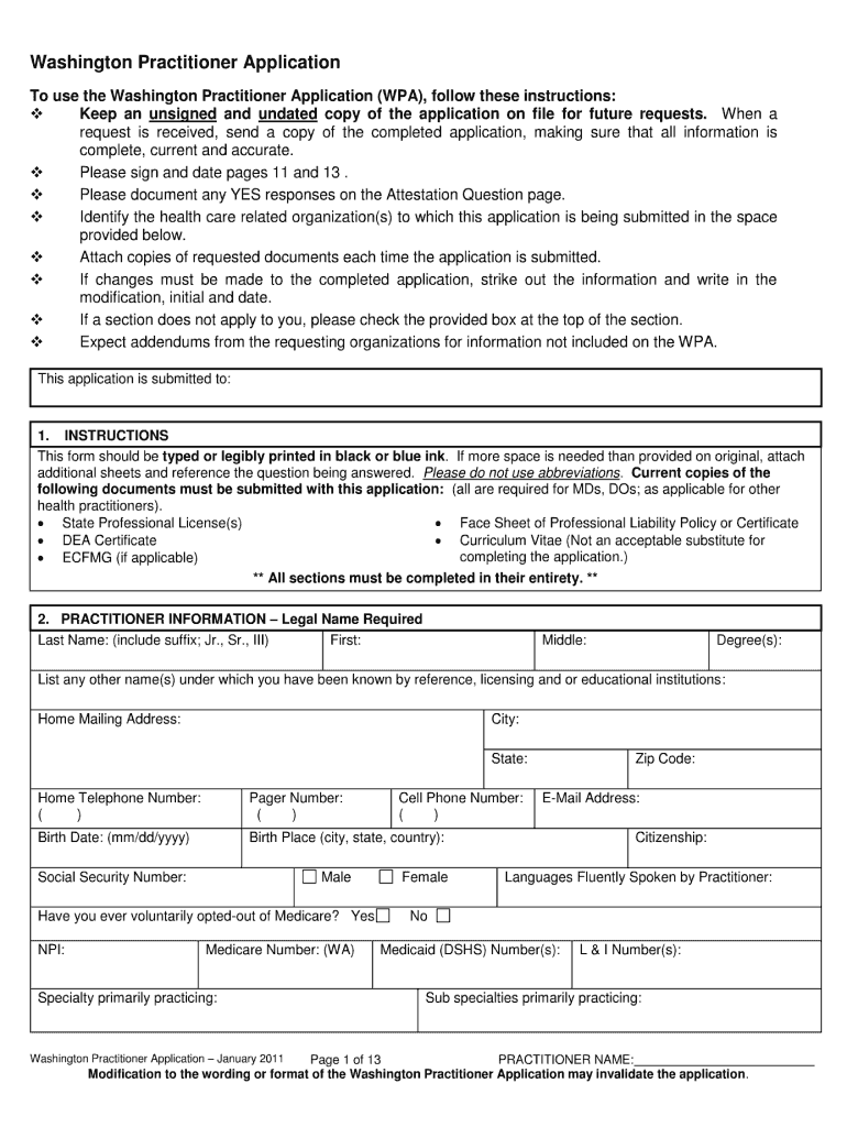 Get and Sign Washington Practitioner Application 2011 Form