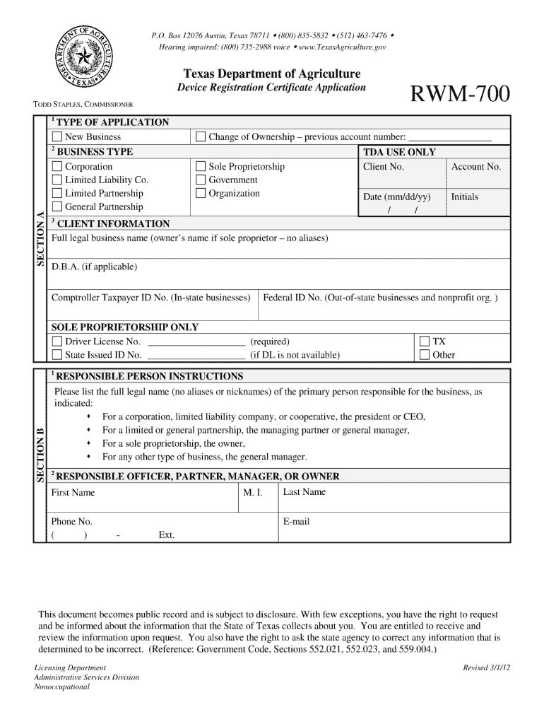  RWM 702 Texas Department of Agriculture 2020