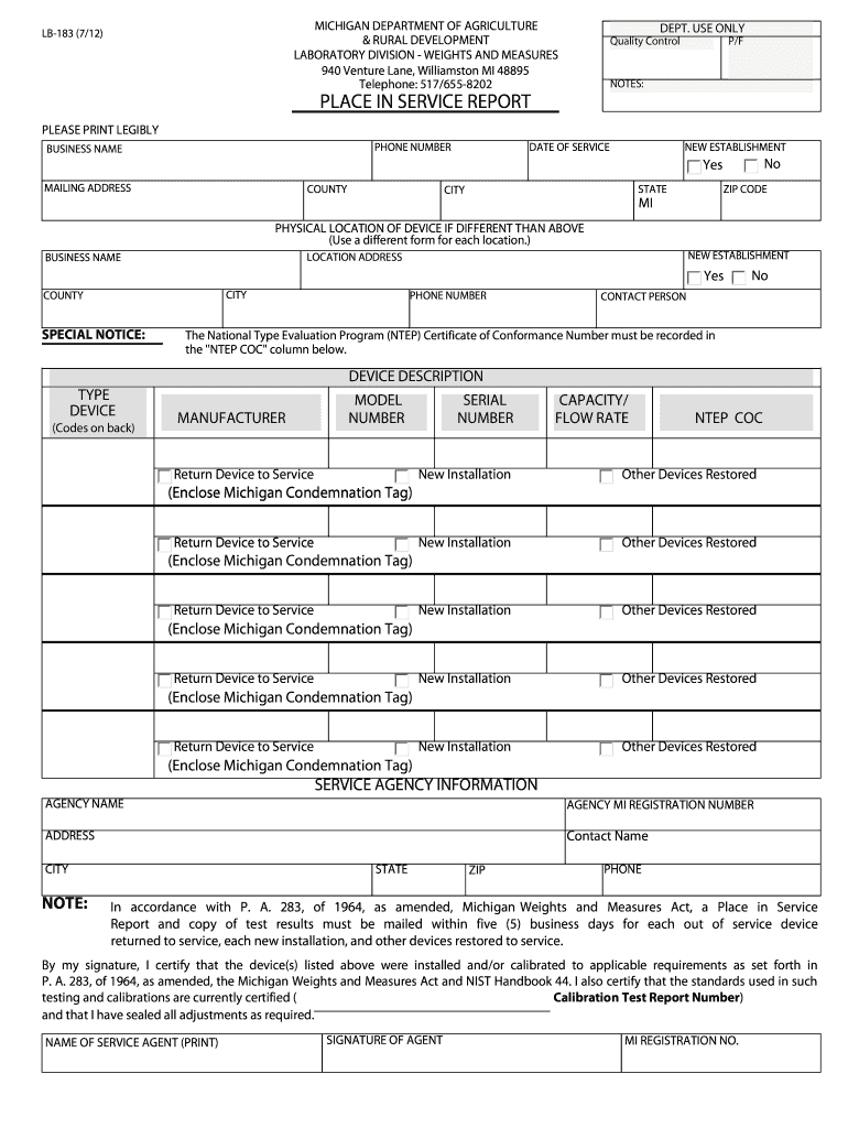  Place in Service Report Form 2012