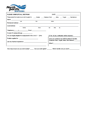 North Pacific Seafoods Application Form
