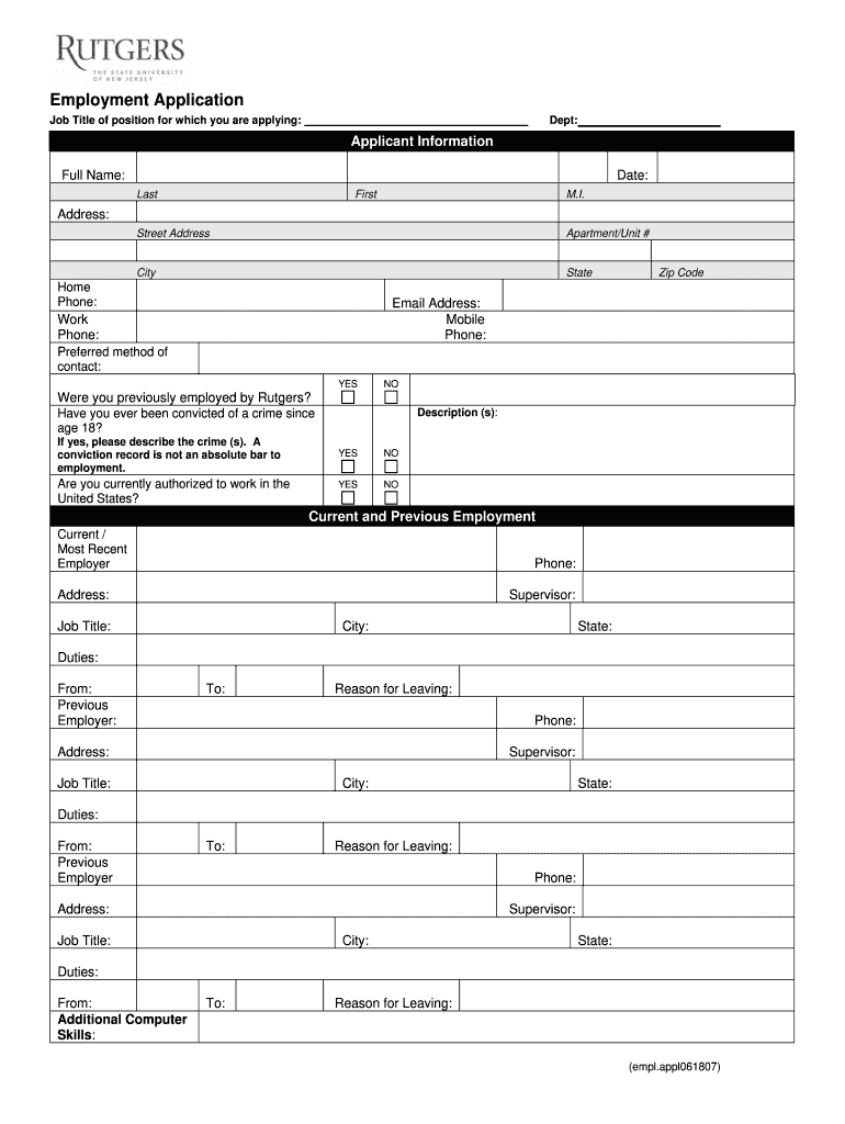  Rutgers Employment Application Form 2007-2024