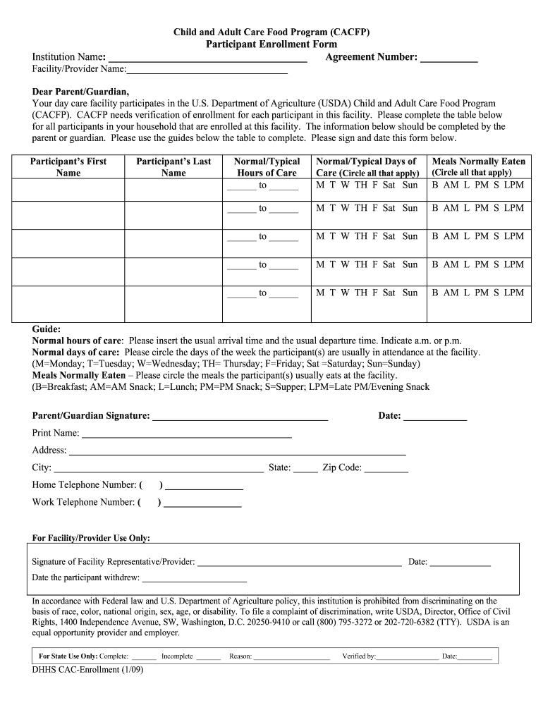 Cacfp Participant Enrollment Form