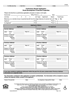 Preliminary Rental Application Rural Development Financed Properties Form