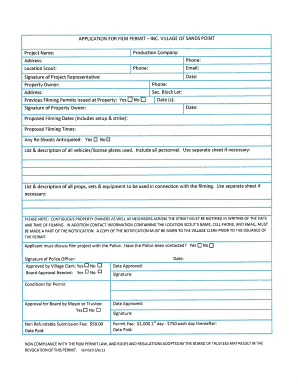 APPLICATION for FILMING PERMIT INC VILLAGE of SANDS Sandspoint  Form