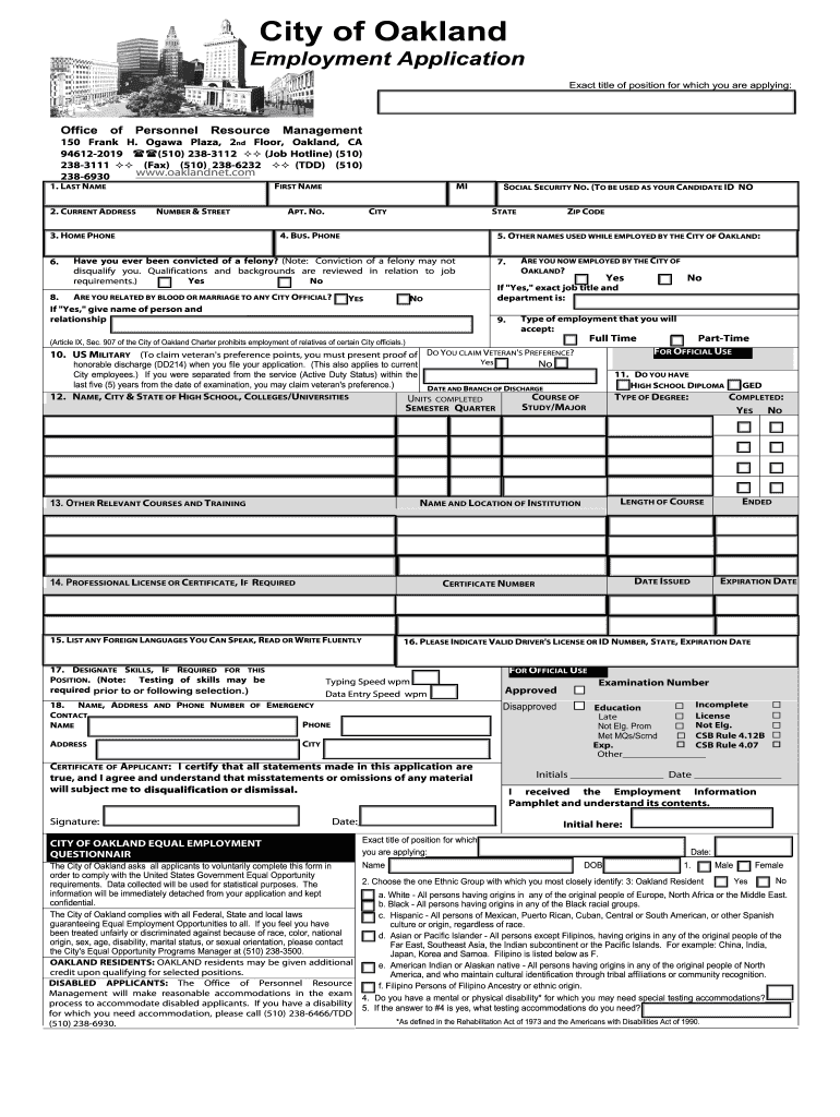 Oakland Nursery Job Application  Form