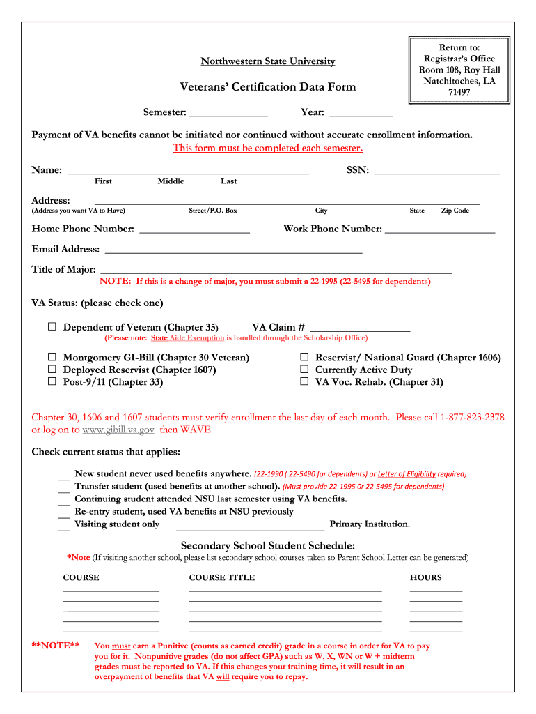 VA Data Form 3  Registrar  Northwestern State University  Registrar Nsula