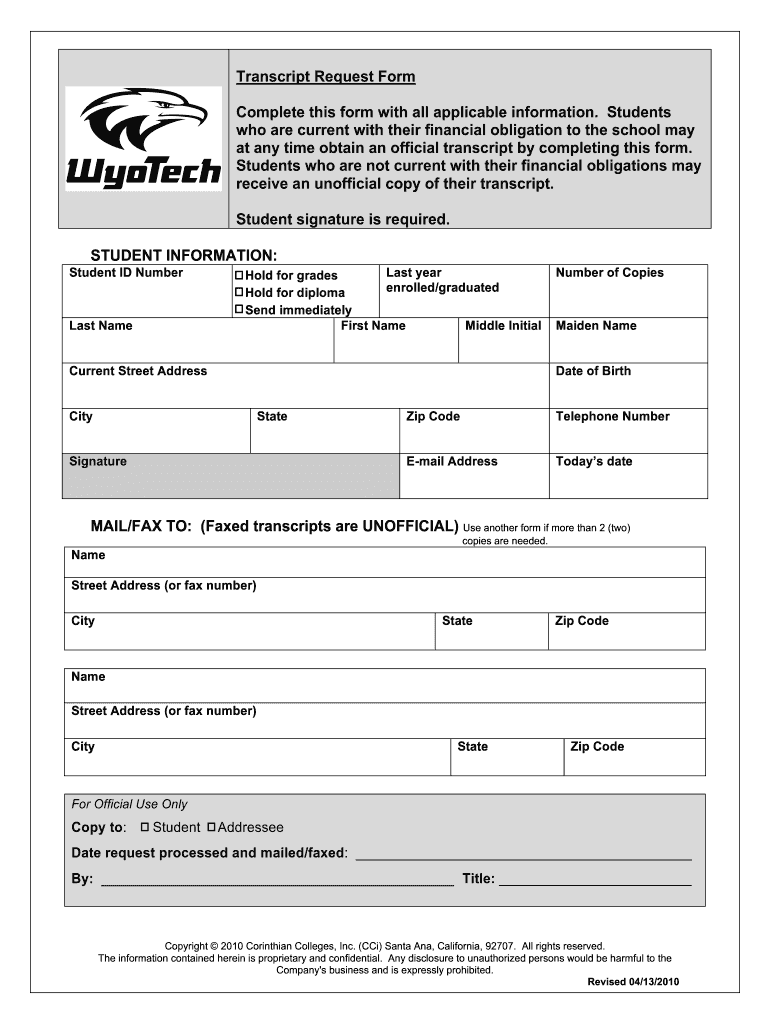 Wyotech Transcripts  Form