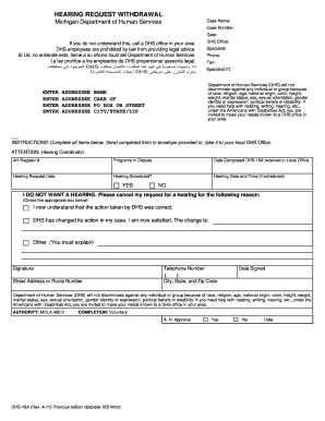 Dhs Michigan Hearing Request Withdrawal What is Ah Register # Form
