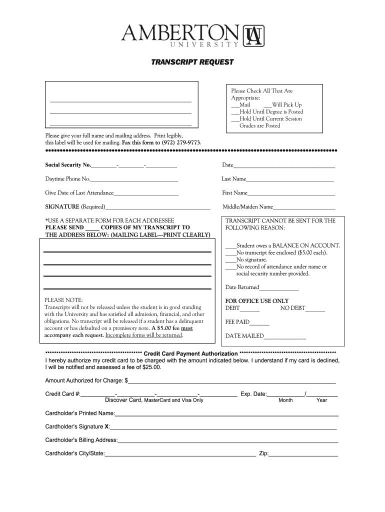 Amberton University Transcript Request  Form