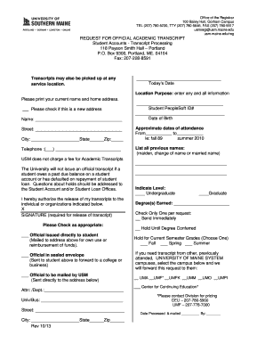 University of Southern Maine Transcript Request  Form