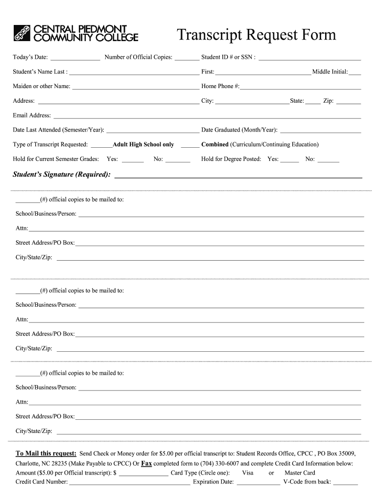 Cpcc Transcript Request  Form