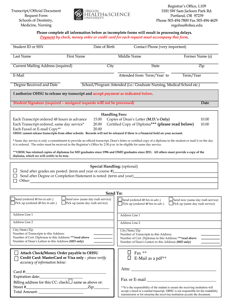 Ohsu Transcript Request Form