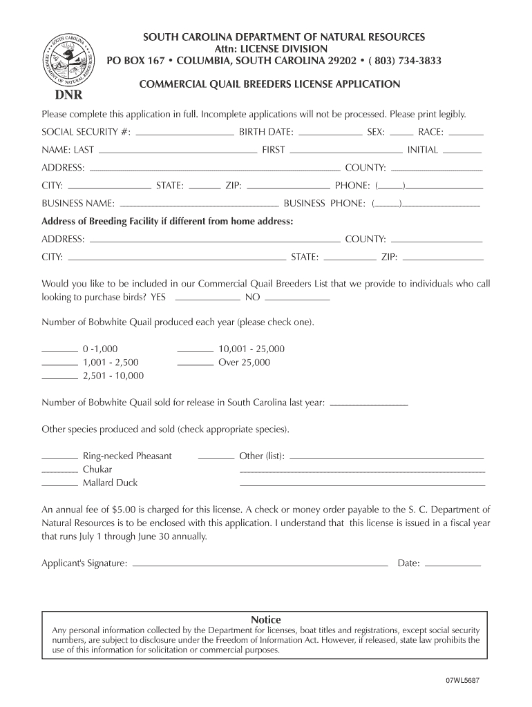 Commercial Quail Breeders License Sc Form