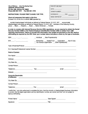 Vendor Application City of Hickory Hickorync  Form