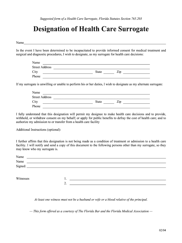 Florida Health Care Surrogate Fill Out and Sign Printable PDF