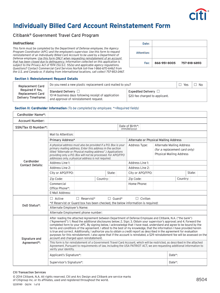  Citibank Reinstatement Form 2014