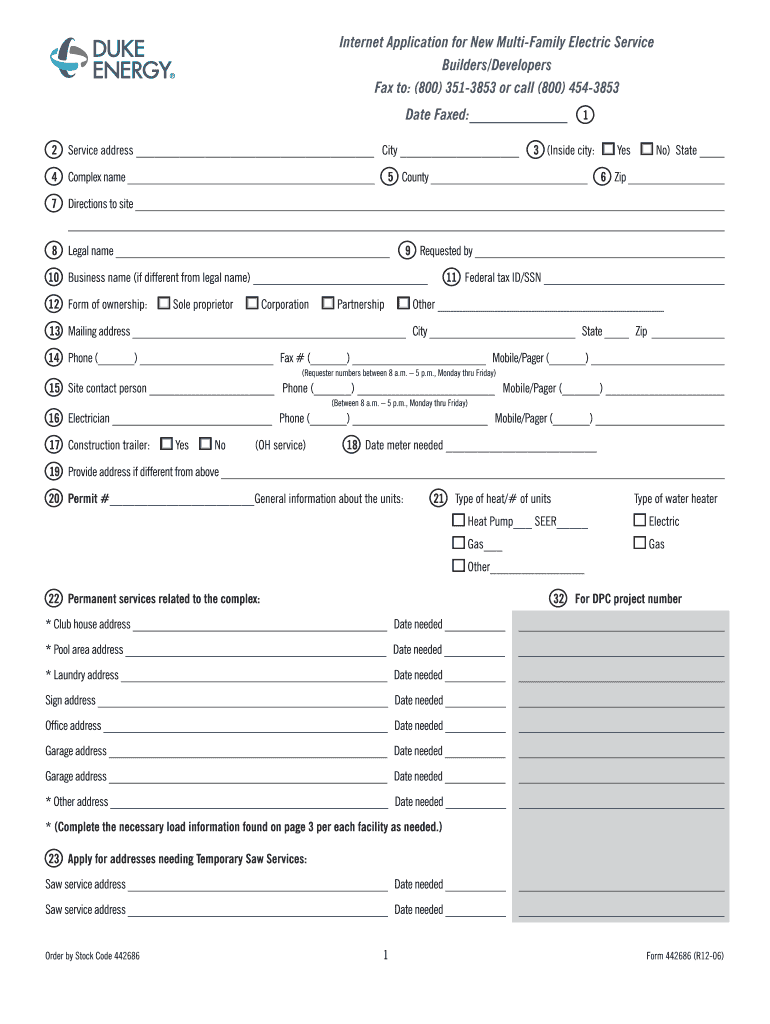  Application for New Multi Family Electric Service  Duke Energy 2006-2024